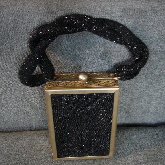 Vintage Purse 1940s Tyrolean Bag Mini Streamer Black Sequin and gold filigree - Picture 6 of 11